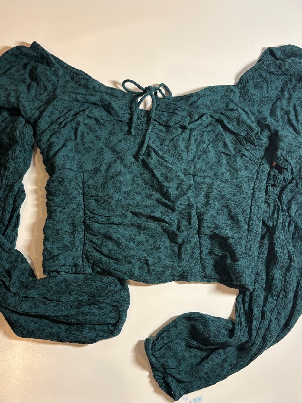 American Eagle Outfitters Teal Ruched Long-Sleeve Crop Top